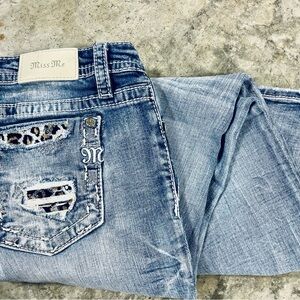 Miss Me Blue Mid Rise Skinny cut Jeans with Distressed Animal Print Details